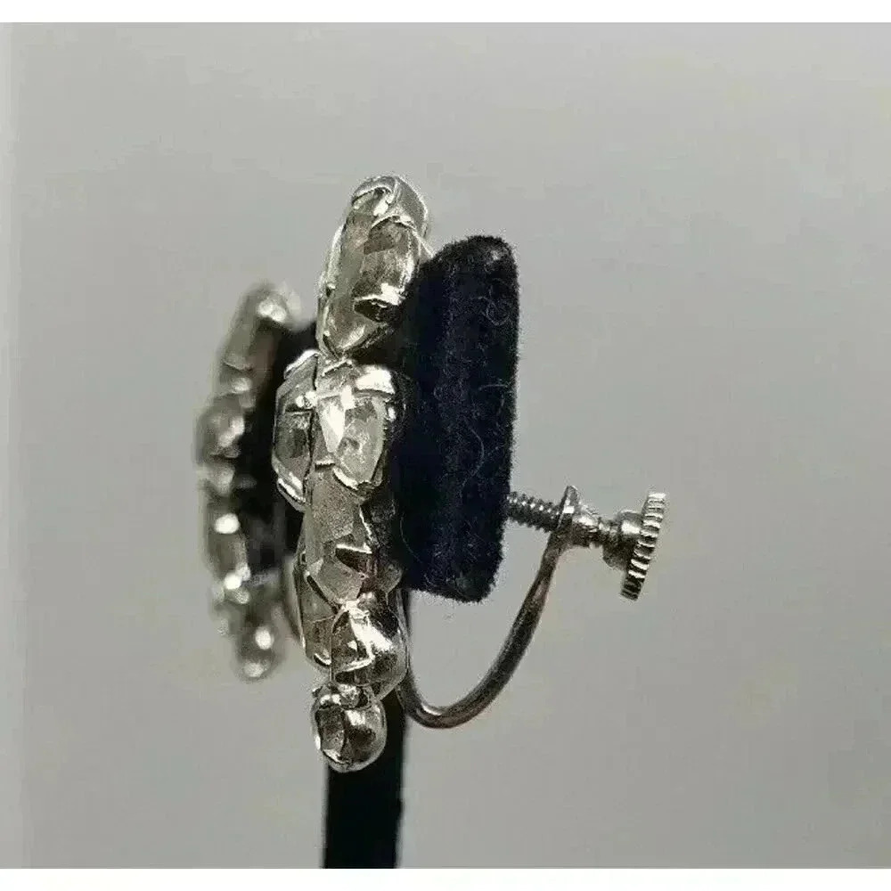 Vintage Earrings Clear Rhinestone Clip Clear Half Flower Star Bride Statement - Picture 6 of 10